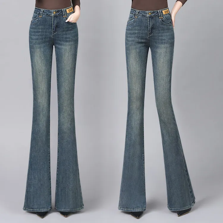 怀旧蓝高腰喇叭牛仔裤女修身显瘦显高2025年秋冬新款大码微喇裤子