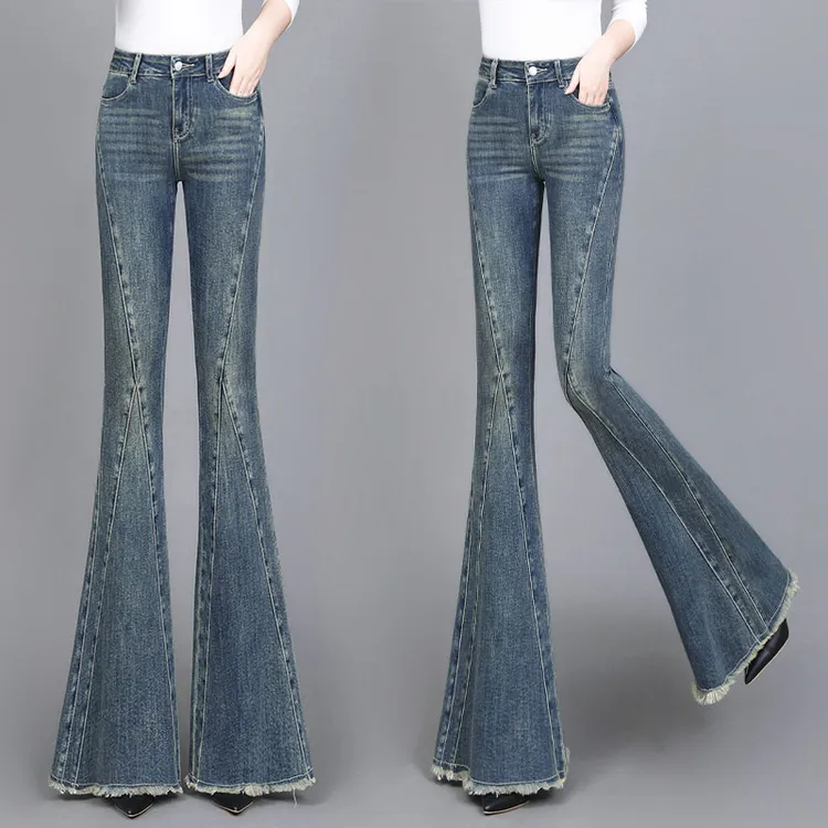 复古牛仔裤子女秋冬2025新款高腰修身显瘦马蹄裤时尚阔腿喇叭裤子