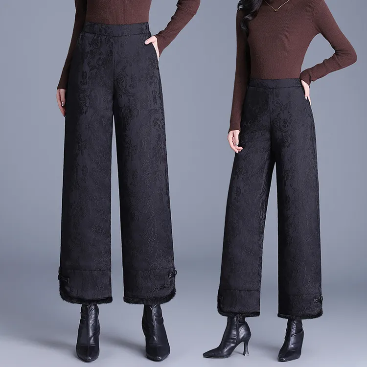 加绒加厚棉裤2025冬季时尚中式国风盘扣高档提花保暖夹棉直筒裤子