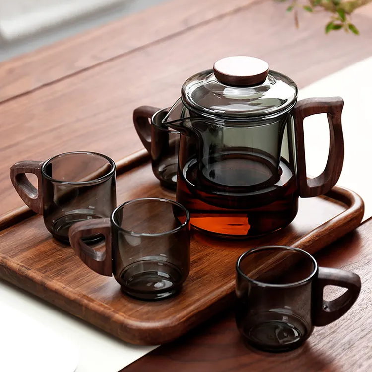 【高档茶具】玻璃茶具耐高温实木手柄泡茶杯加厚茶具套装茶水分离