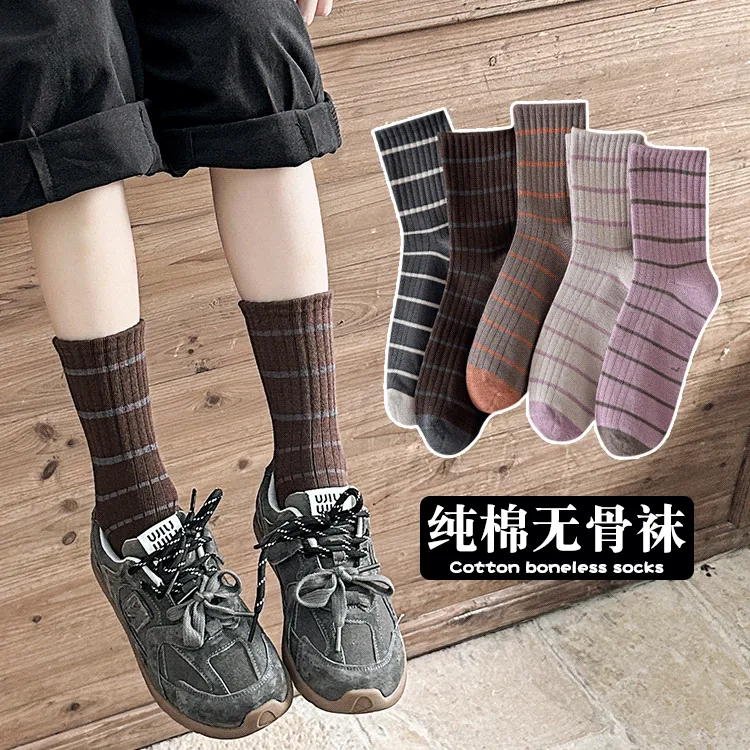 女童袜棉无骨童袜秋冬季儿童条纹中筒袜中大童女孩袜运动棉童袜子