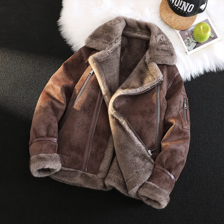 高级感冬季皮毛一体外套男加绒加厚皮夹克老钱风宽松保暖棉服翻领