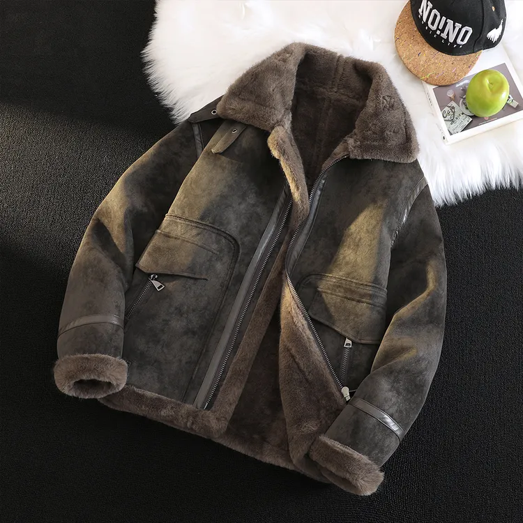 高品质老钱风海宁外套男士冬季加绒加厚皮衣夹克工装机车服潮牌