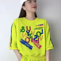 《韩家》7016#夏季亮色宽松潮流时尚七分袖印花休闲百搭短款上衣