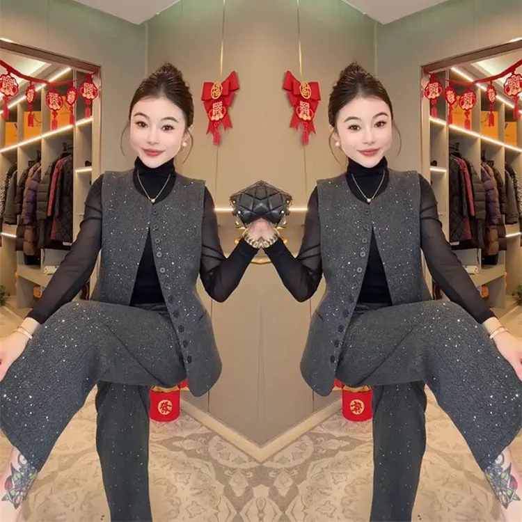 轻职风满天星时尚套装女2025春季新款砍袖单排扣马甲阔腿裤两件套