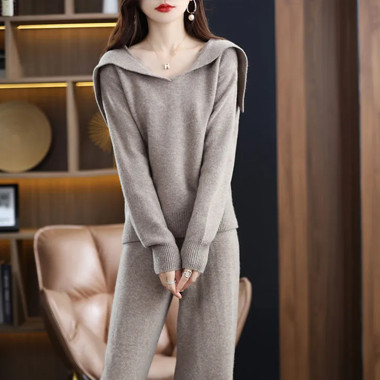 100羊毛套装女宽松套头海军领针织毛衣阔腿裤洋气羊绒两件套厚