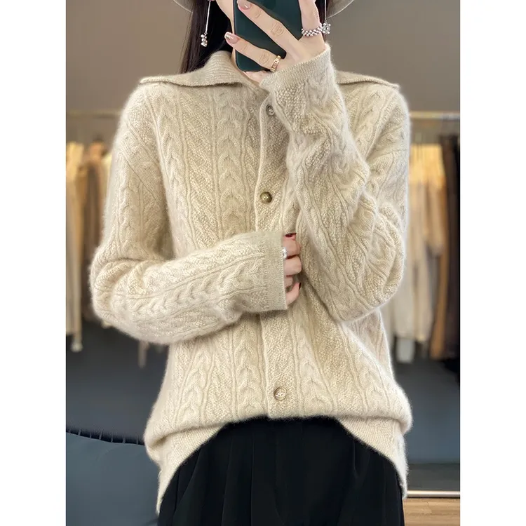 100%纯羊毛针织开衫女秋冬新款纯色绞花宽松毛衣重磅加厚翻领外套