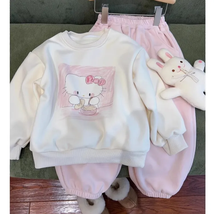 儿童套装加绒洋气猫咪印花粉色休闲圆领两件套新款