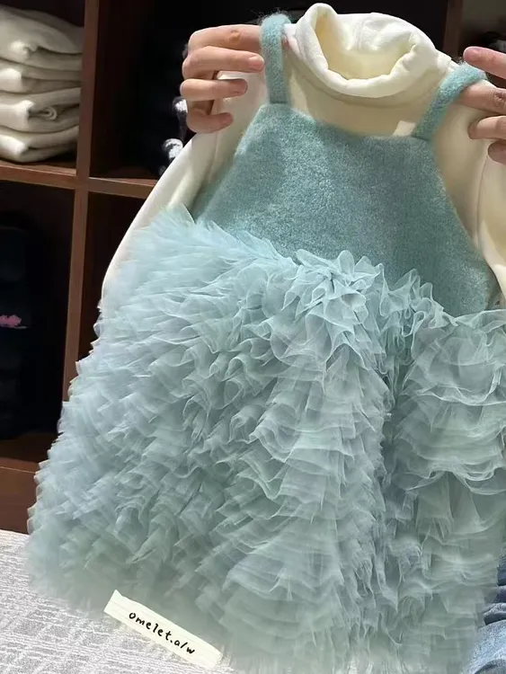 儿童连衣裙公主裙加绒女宝宝洋气蛋糕裙周岁蓝色礼服裙