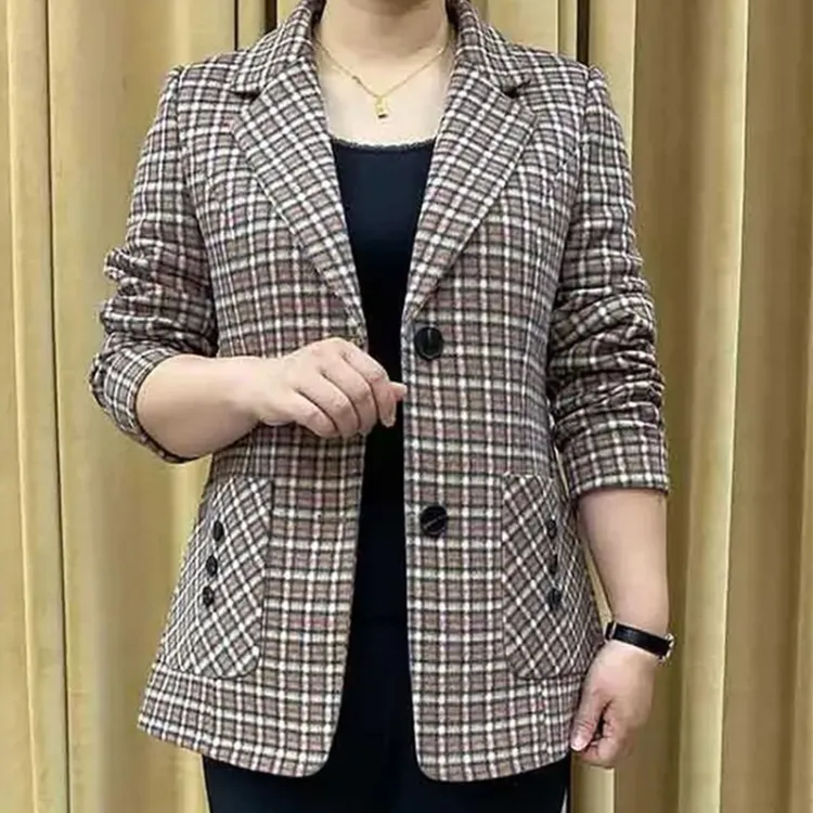 春秋新款妈妈洋气格子小西装外套中老年女装大码修身西服长袖上衣