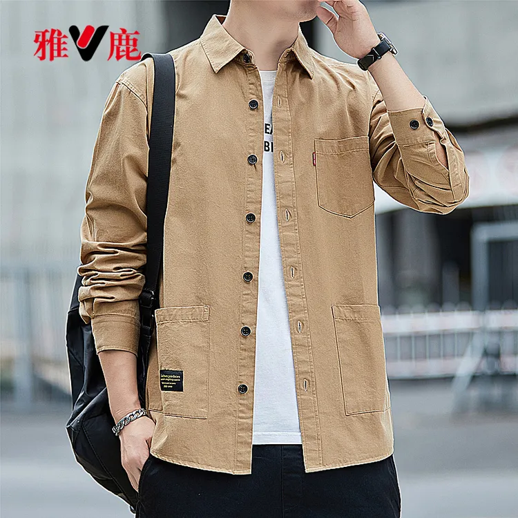 V/雅鹿夏季全棉中青年宽松纯色外套休闲百搭男士七分袖纯棉男衬衫