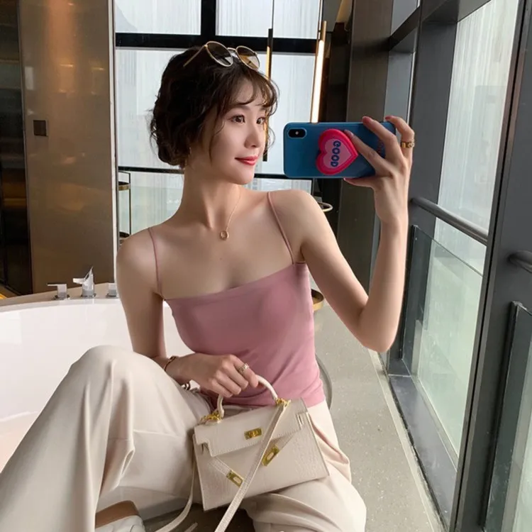 网红固定杯纯色吊带背心女细肩带打底抹胸舒适上衣外穿潮长款修身