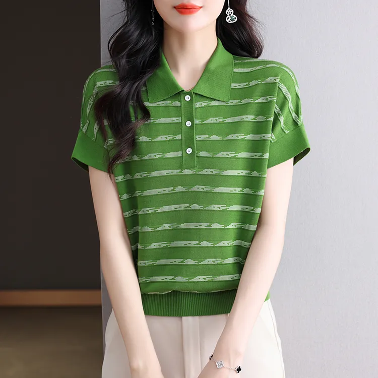 夏季薄款透气翻领条纹T恤百搭时尚减龄气质短袖 女装时髦洋气上衣