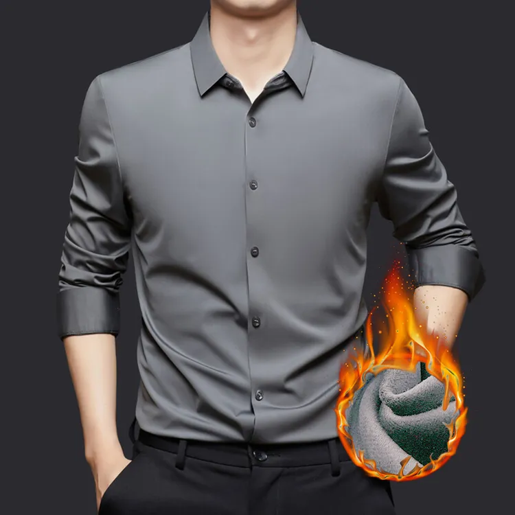 【工厂店】加绒加厚秋冬季纯色无痕高弹力长袖衬衫商务时闲男士衬衣