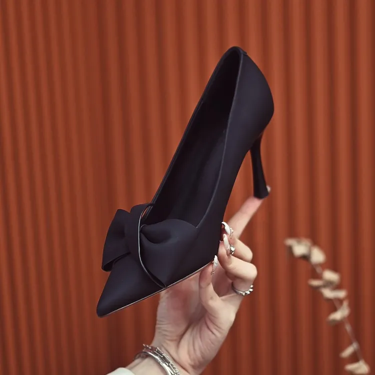 7CM尖头高跟鞋细跟2024秋季新款气质单鞋性感蝴蝶结职业女鞋黑色