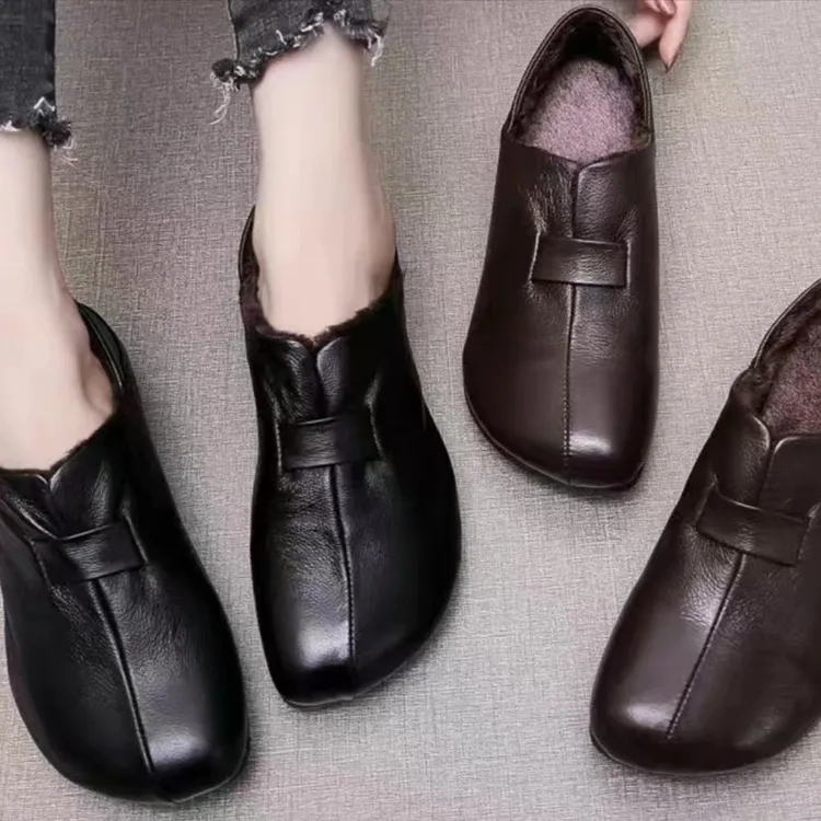 真皮头层牛皮深口棉鞋女软皮鞋2023秋冬款百搭平底工作鞋小皮女鞋