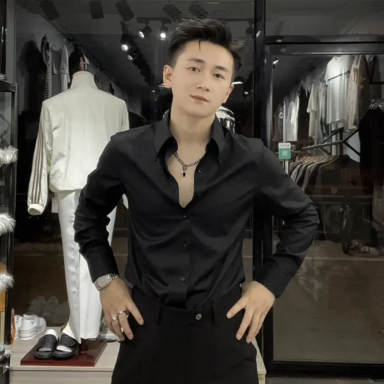 男士秋季亮色轻奢时尚简约修身长袖衬衫休闲衬衣