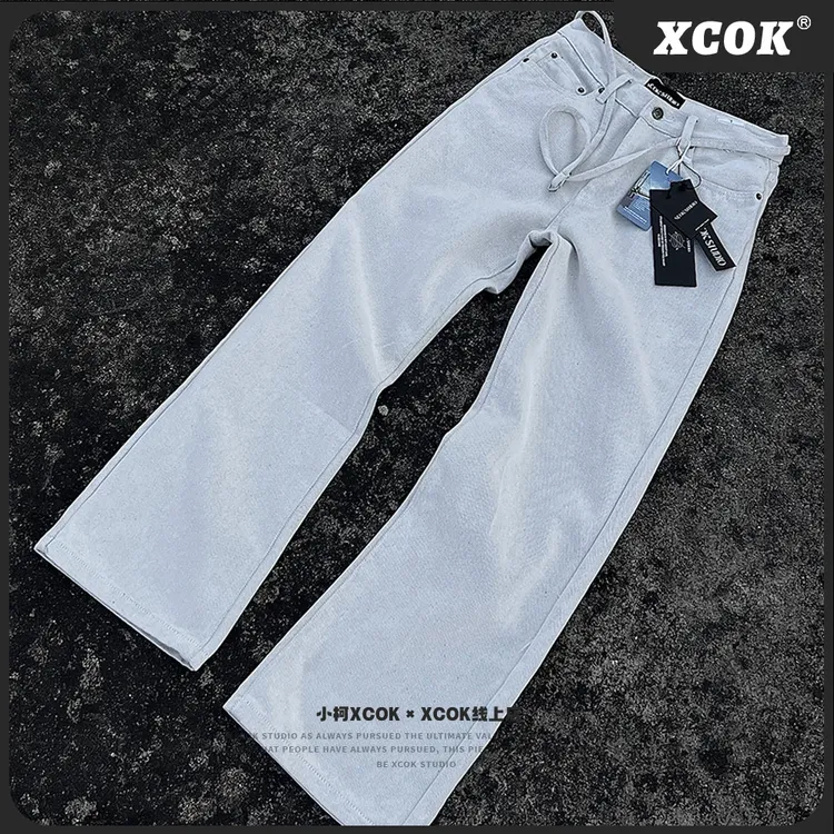 小柯XCOK“骨白绒感”AC白面蓝纱定织加厚直筒微喇牛仔裤宽松裤子23