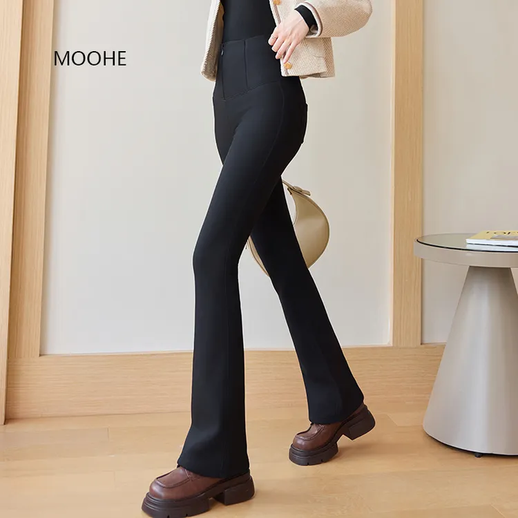 moohe秋冬加绒加厚外穿拉链微喇小黑裤高腰收腹百搭微喇叭休闲裤