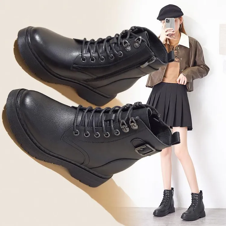 万达撤柜头层牛皮马丁靴女2024新款英伦风春秋单靴靴子内增高短靴