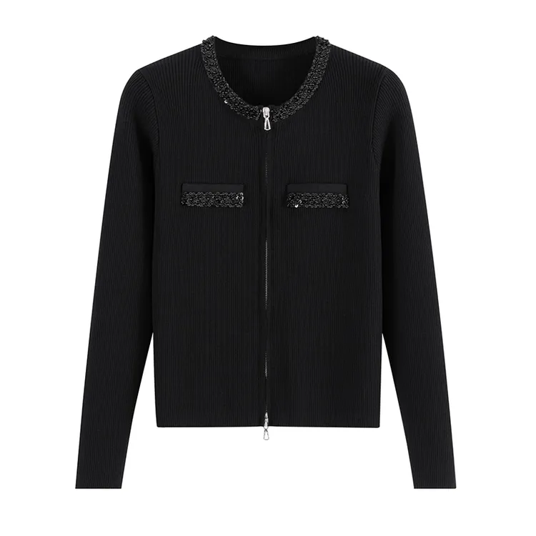 2025新款双拉链黑色长袖针织D680