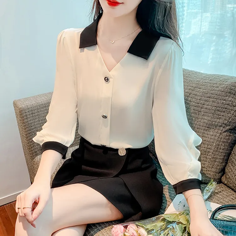 法式优雅七分袖衬衫女士时髦v领雪纺上衣2025春秋宽松遮肚子小衫