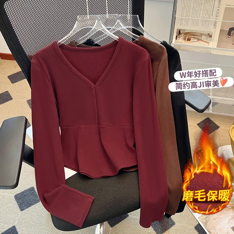 2025秋冬季韩版修身显瘦垫肩百搭长袖打底衫女内搭小个子短款上衣