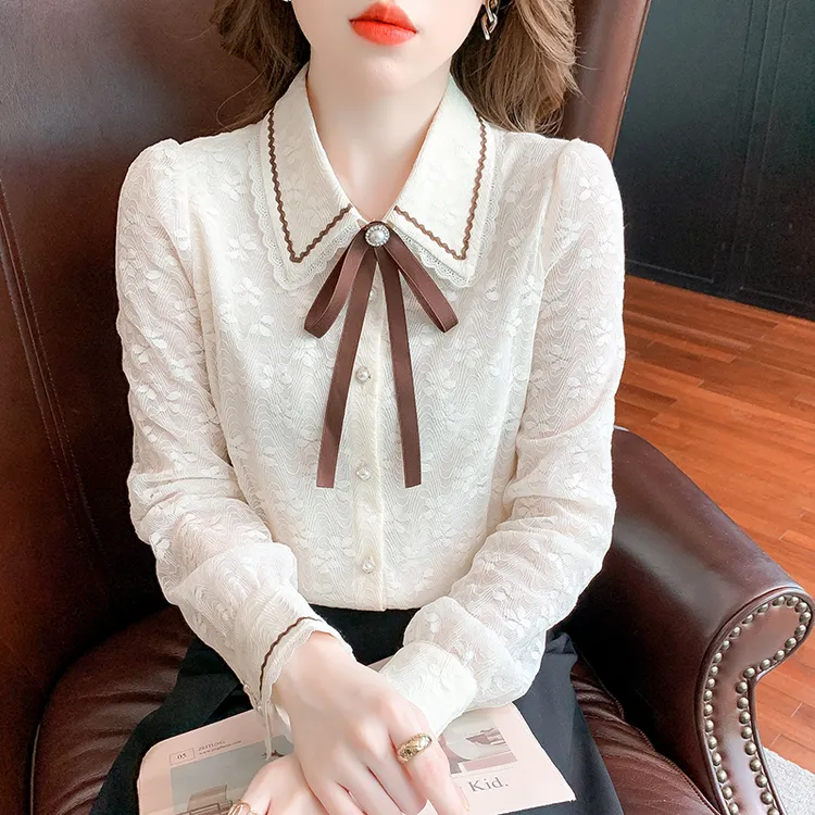 洋气高端翻领结衬衫女士长袖打底衫秋冬新款上衣蕾丝花边雪纺小衫