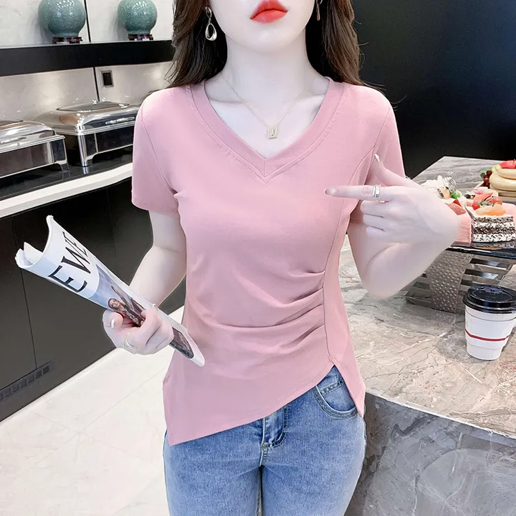 2025夏季新款简约百搭V领收腰开叉短袖T恤女士设计感修身显瘦上衣