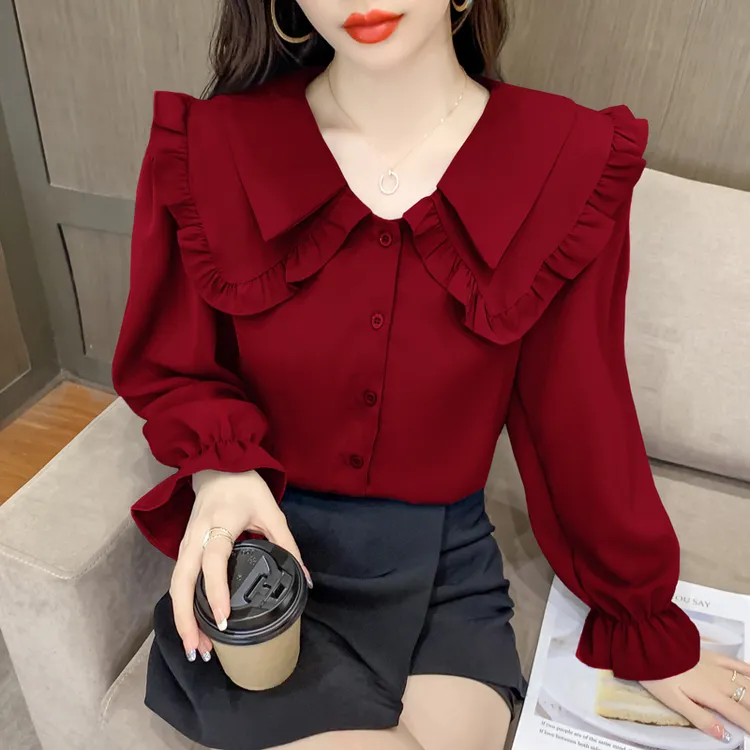 2025春秋季新款甜美双层娃娃领红色雪纺女士洋气减龄衬衫法式上衣