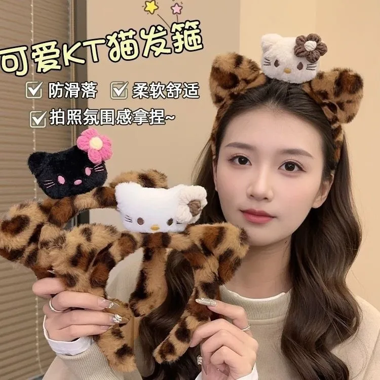 卡通发饰甜美女洗脸化妆头箍可爱黑皮Kitty猫耳朵豹纹毛绒发箍