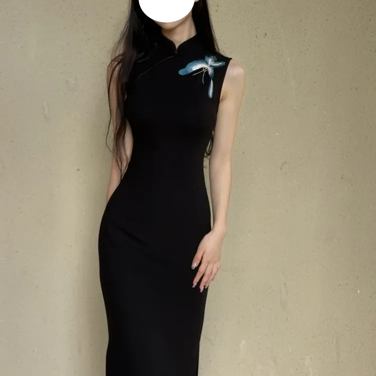 秋辞香~蓝丝蝴蝶 弹力修身改良旗袍女人味黑色无袖气质风情万种