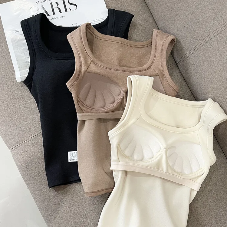 冬季无袖保暖背心修身百搭内衣自带胸垫一体式内衣免穿文胸上衣