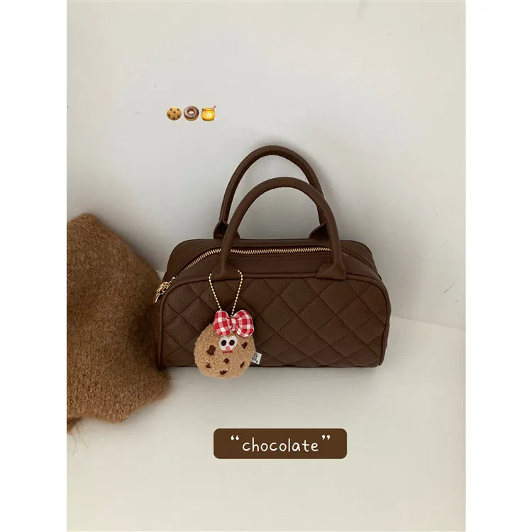 2024春夏美拉德棕色中古小香风保龄球包时尚菱格手拎包包包高级感