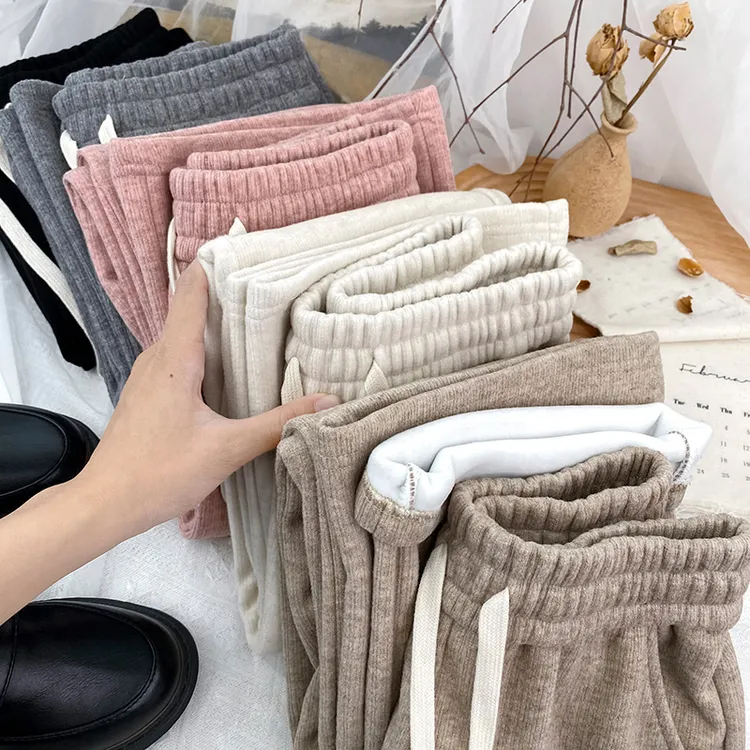 芝越秋冬季小个子窄版条绒云朵裤女高档宽松直筒针织拖地阔腿裤