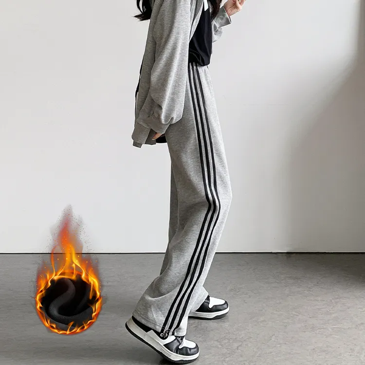 灰色运动裤女秋冬2025新款休闲宽松束脚三条杠小个子加绒美式卫裤