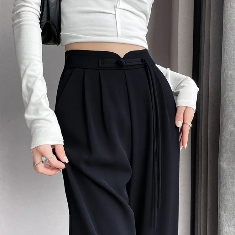 芝越夏季薄款新中式国风西装裤女小个子高腰垂感休闲拖地阔腿裤女