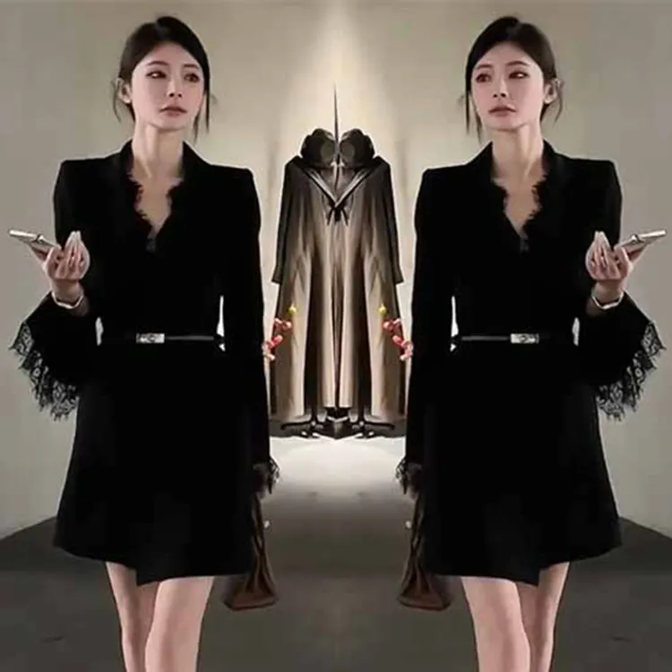 【送腰带】时尚西装2024秋季新款V领拼接连衣裙女收腰显瘦裙子1842