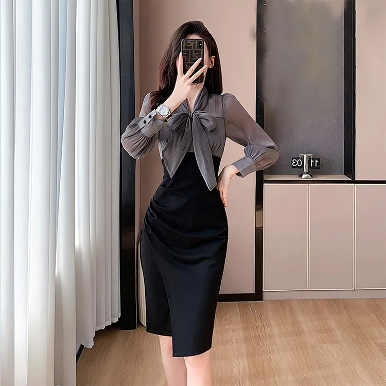 女装法式时尚气质修身连衣裙褶皱显瘦包臀蝴蝶结裙子A8110