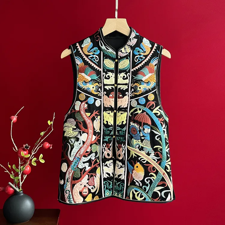 国风秋款女坎肩新中式无袖背心盘扣马夹上衣百搭醋酸重工刺绣马甲