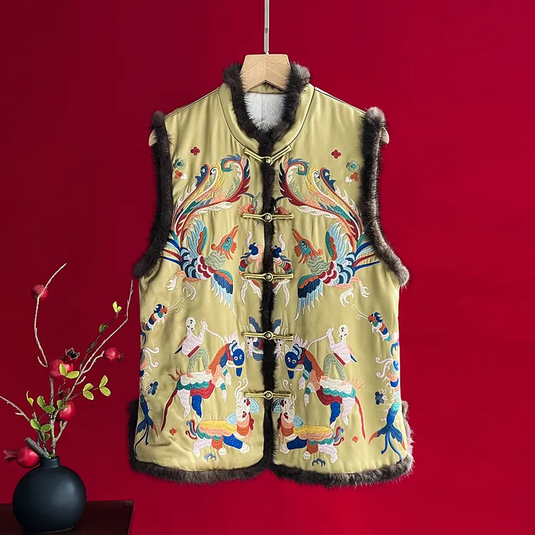 新中式国风冬季女款上衣夹棉背心醋酸坎肩重工刺绣加厚保暖棉马甲