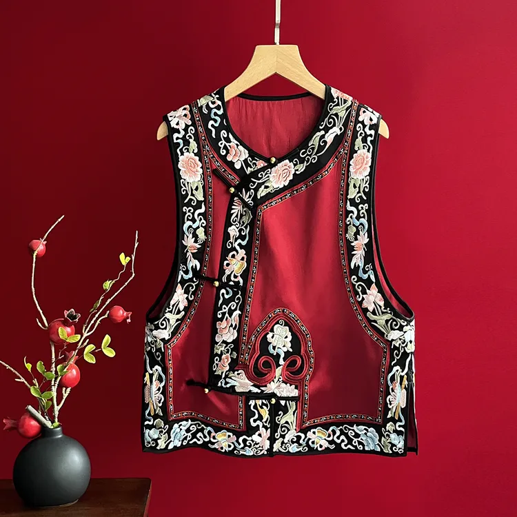 新中式秋款背心马甲复古中国风改良唐装汉服高端重工刺绣醋酸上衣