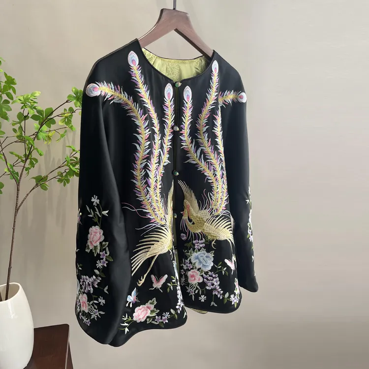 新中式外套女2024春秋季老钱风黑色醋酸重工刺绣轻奢宽松唐装上衣