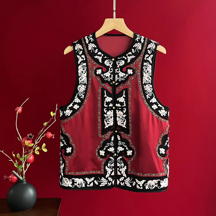 复古新中式秋款女上衣轻国风马夹背心无袖外搭坎肩醋酸刺绣马甲