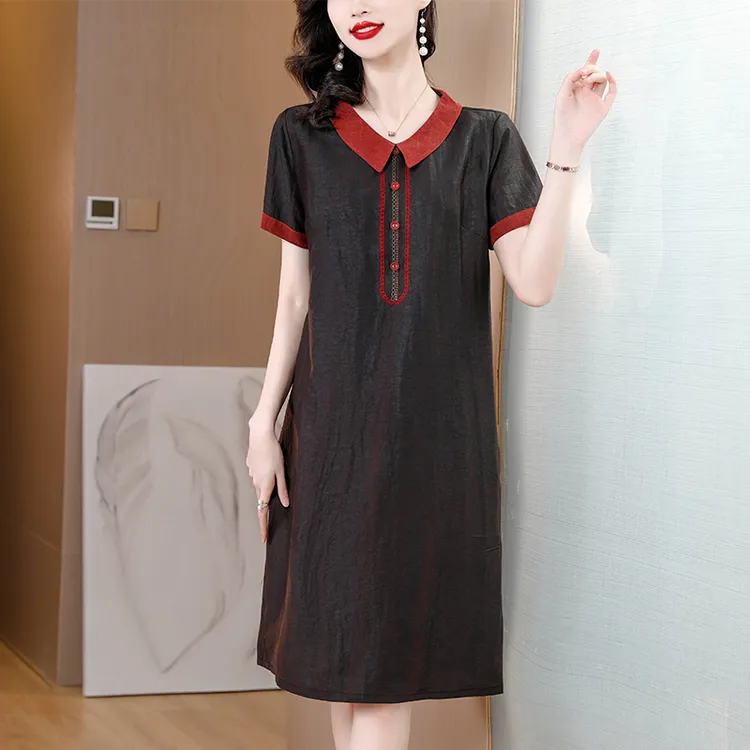 连衣裙女夏季新款短袖宽松显瘦复古妈妈裙子高档洋气百搭女装轻奢