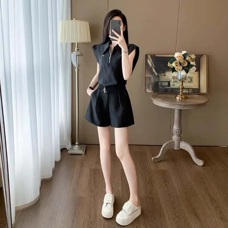 高级感休闲时尚气质套装女2024夏新款无袖上衣高腰阔腿短裤两件套