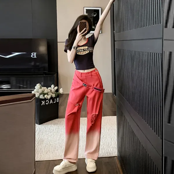 时尚休闲破洞渐变破洞牛仔裤女2025夏季直筒高腰显瘦阔腿两件套潮