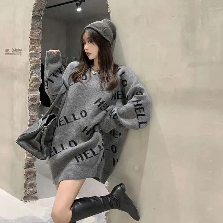 慵懒风灰色针织毛衣女秋冬新款设计感小众宽松中长款加厚上衣