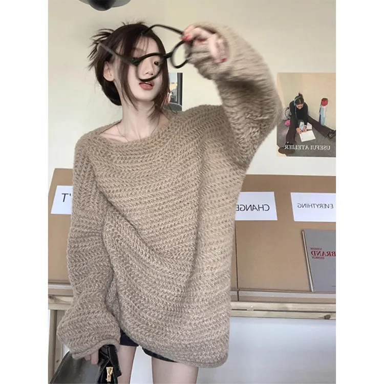 韩版一字领宽松纯色毛衣女秋冬慵懒风2024复古中长款大版针织上衣