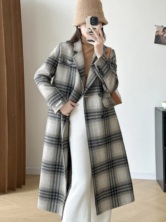 秋冬新款长毛格子双面羊毛大衣女25新款韩系高端中长款羊毛呢外套